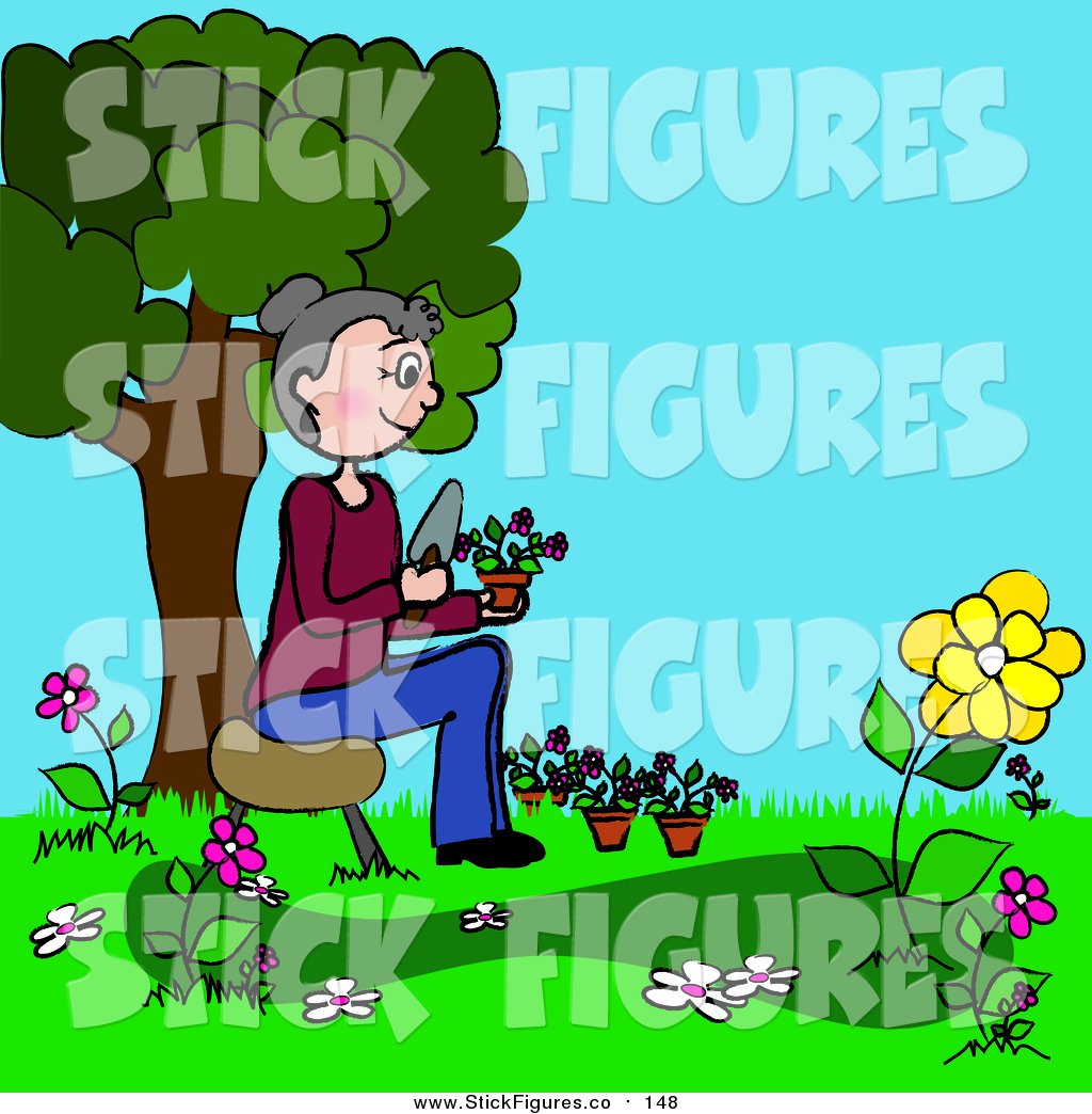     Caucasian Stick Woman Planting Flowers In Her Yard By Pams Clipart