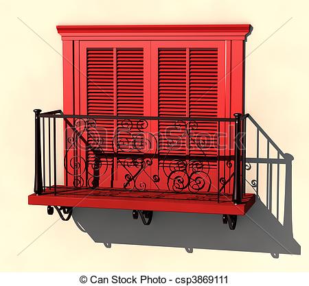 Clipart Of Red Balcony In Strong Summer Light   3d Visualisation Of    