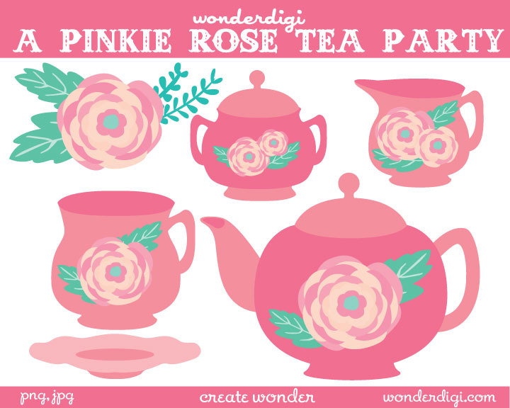 Party Clip Art   Tea Set   Rose Teacups   Teapot   Girls Party Clipart