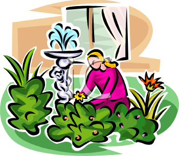 Woman Planting Flowers In Her Yard   Royalty Free Clipart Image