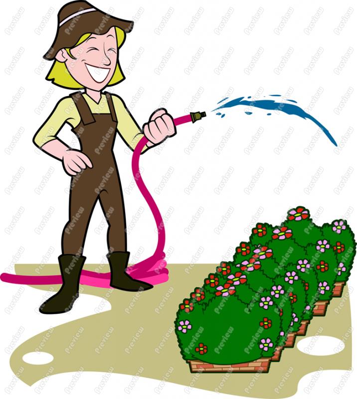 Woman Watering Plants With Garden Hose Character Clip Art   Royalty