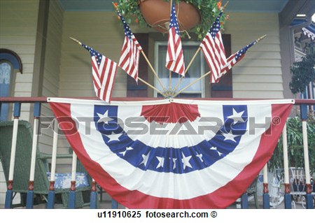 American Flags And Bunting Hung On Porch Of House U11910625 American