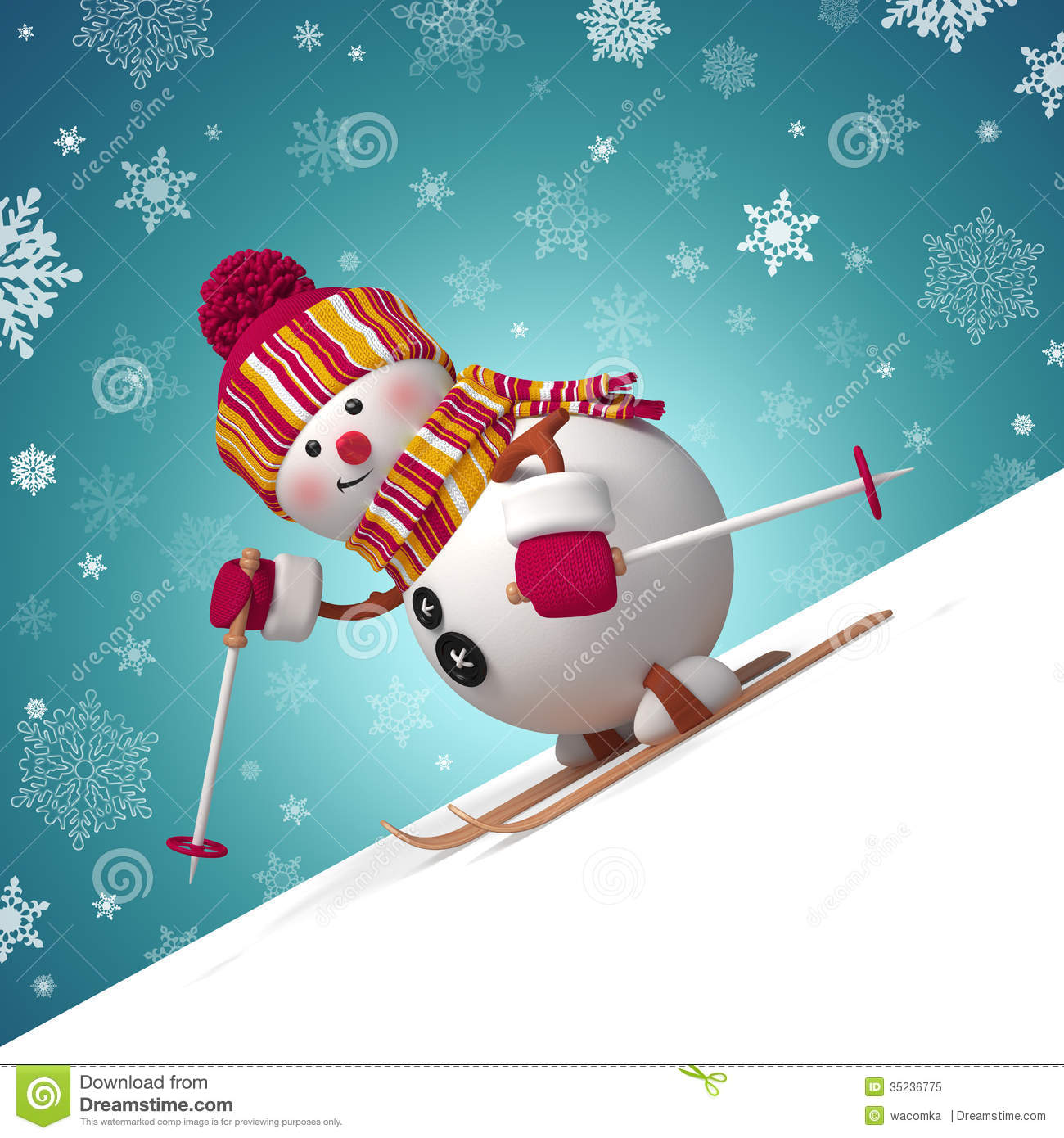 Christmas Greeting Card With 3d Cartoon Snowman Sliding Down The Hill