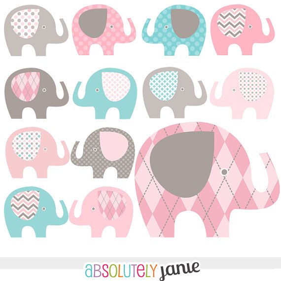 Pink Grey Teal Blue Baby Elephant Digital Clipart   Girly Clip Artblue
