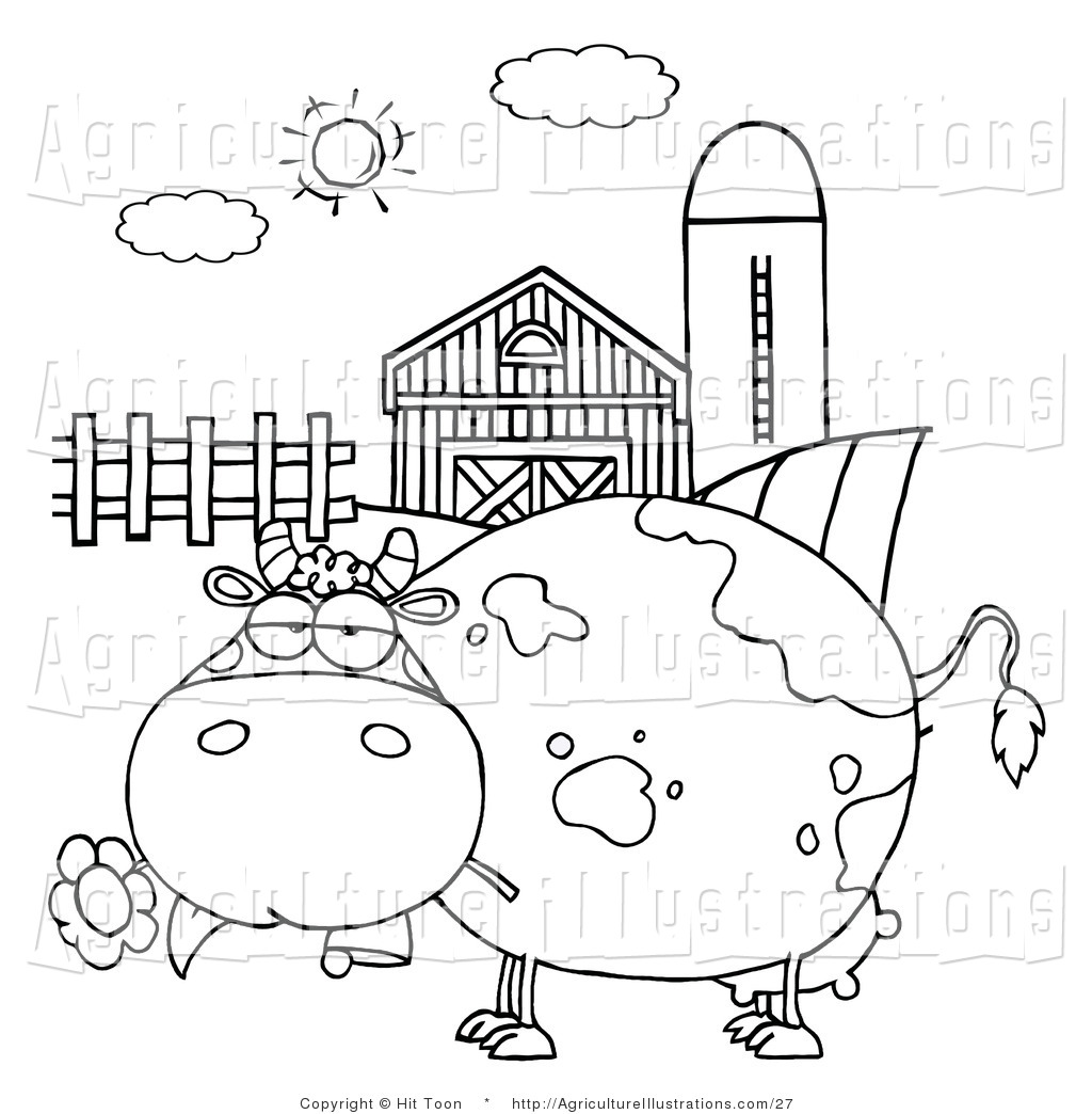 Agriculture Clipart Of A Coloring Page Of A Chubby Cow Eating A Daisy