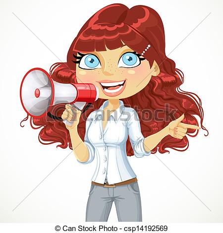 Clip Art Vector Of Cute Girl Talking Into A Megaphone And Shows Her