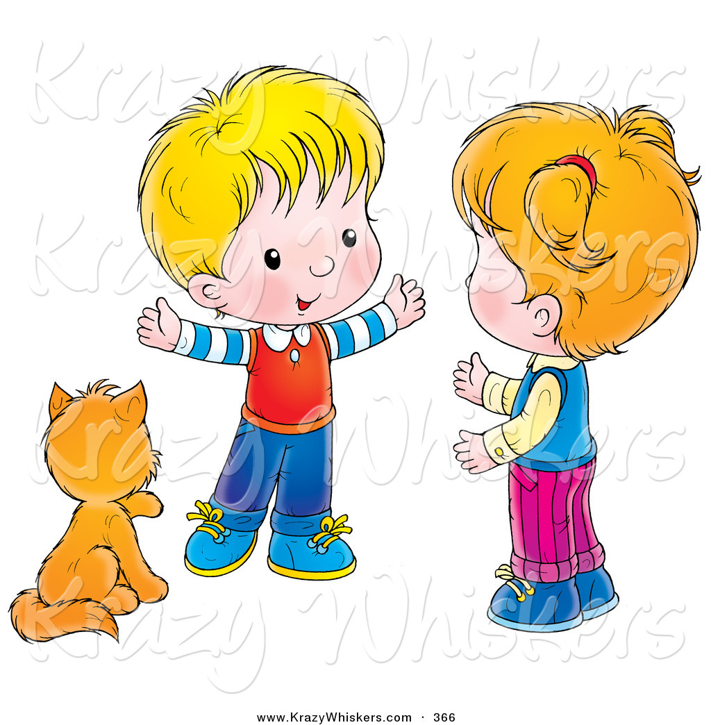 Clipart Of A Cute Kitty Cat Seated By A Little Boy Talking To A Girl
