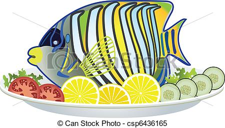 Clipart Vector Of Cooked Fish And Raw Vegetables On A Plate Csp6436165