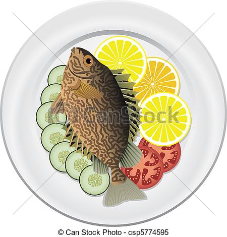 Clipart Vector Of Fish And Raw Vegetables   Cooked Fish And Raw    