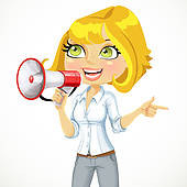 Cute Girl Talking Into A Megaphone And Shows Her Hand In The Direction