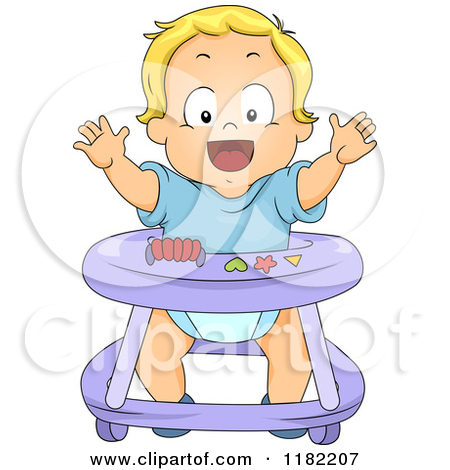 Happy Blond Toddler Boy In A Baby Walker   Royalty Free Vector Clipart    