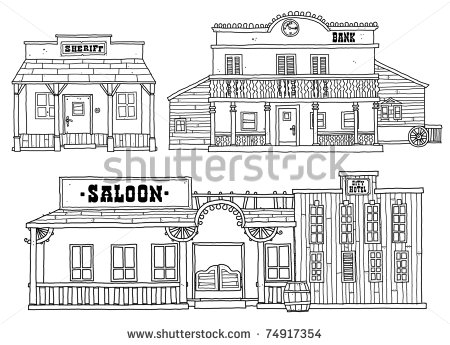 Outline Cartoon Buildings  Saloon Sheriff Office And Bank In Western