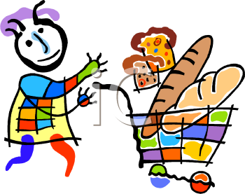 Stick Figure Shopper Pushing A Cart Full Of Food   Royalty Free Clip    