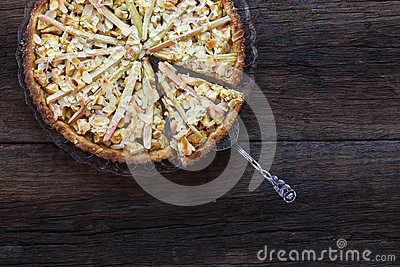 Apple Rhubarb Marzipan Dough Pie With Cinnamon And Almond Flakes On