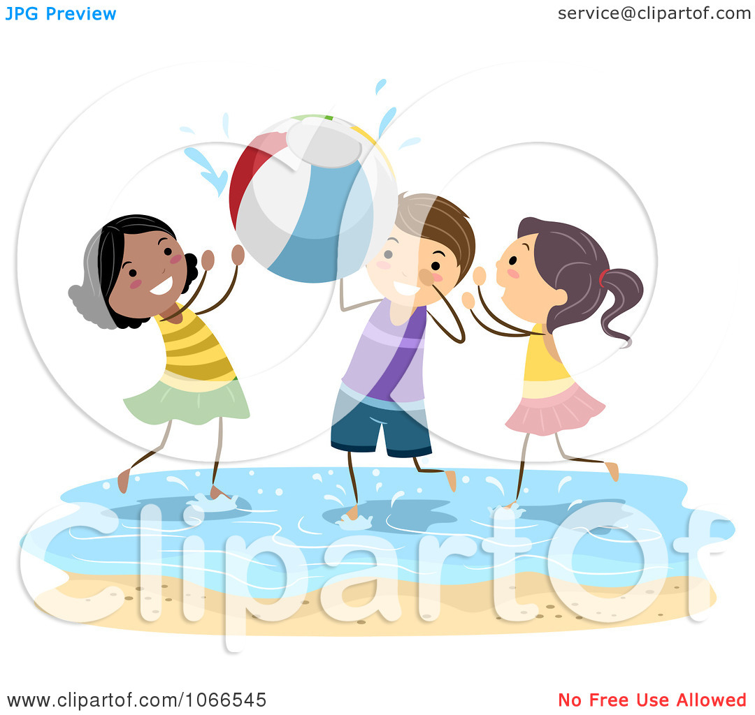 Clipart Stick Kids Playing Beach Ball   Royalty Free Vector