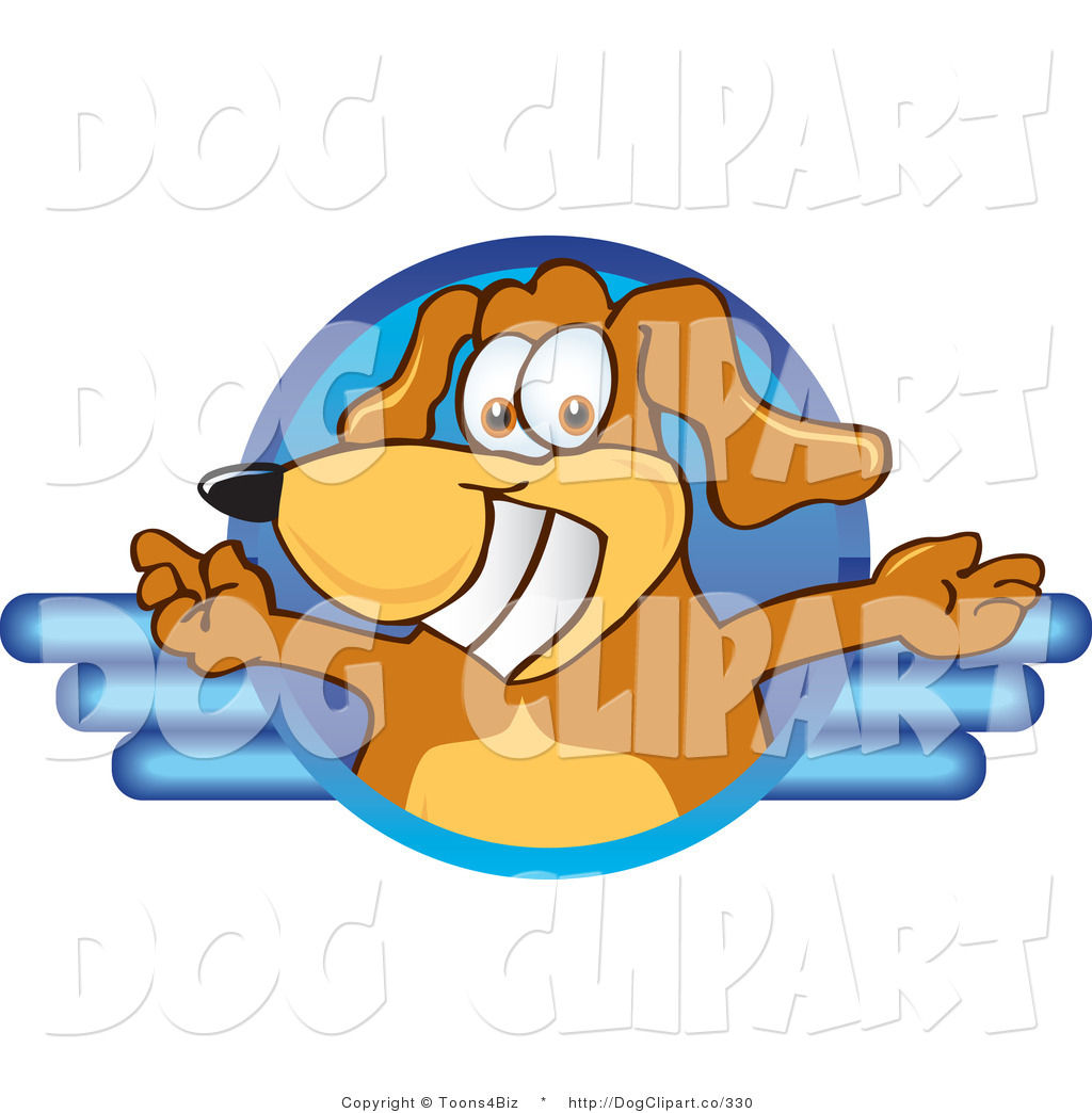 Dog Mascot Cartoon Character Logo With Open Arms On Top Of A Blue Line