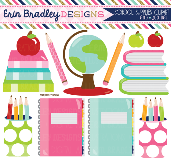 Erin Bradley Designs  School Supply Clipart   Digital Papers