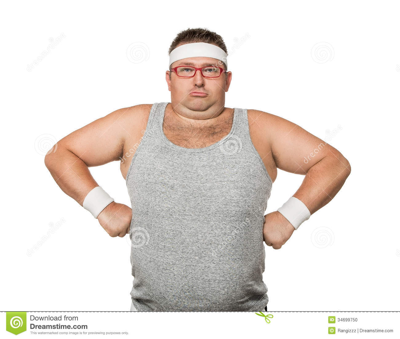 Funny Overweight Man Flexing His Muscle Isolated On White Background