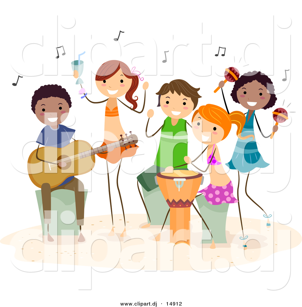 Vector Clipart Of Happy Cartoon Beach Kids Playing Music