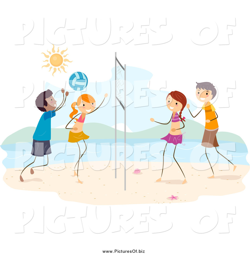 Vector Clipart Of Happy Stick Kids Playing Beach Volleyball