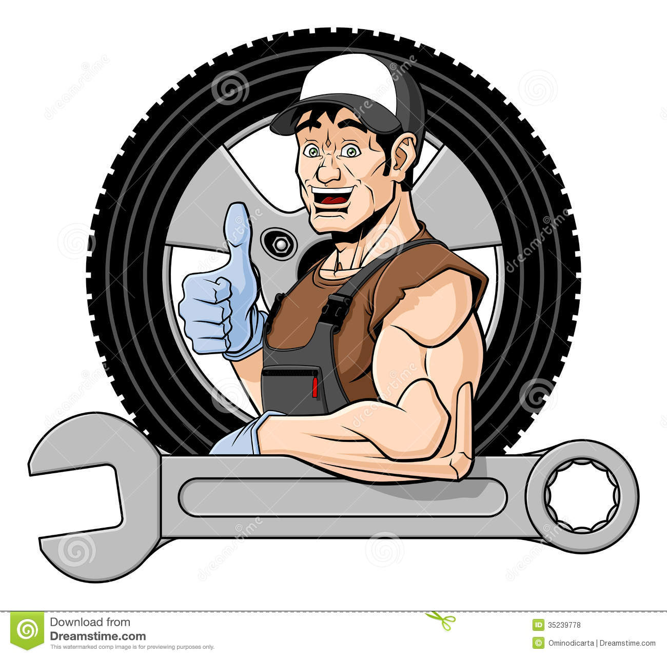 Illustration Of A Smiling Tire Specialist  He Is Leaning On A Big
