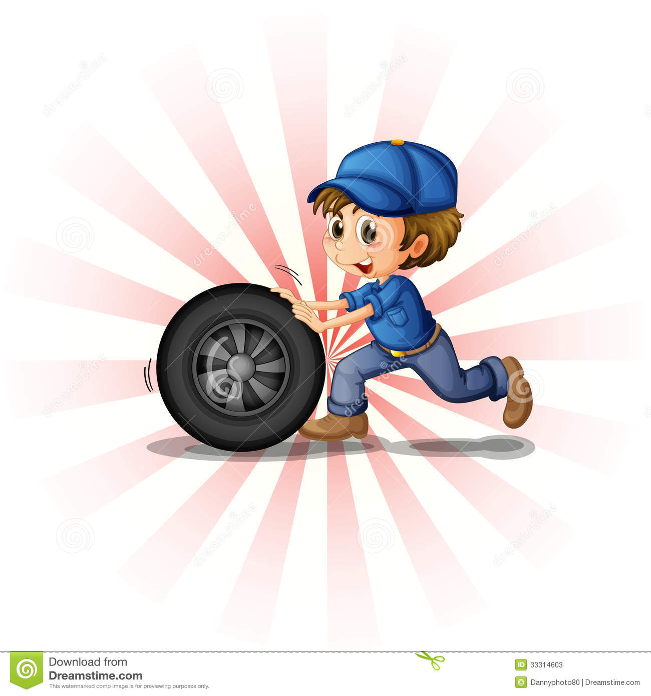 Illustration Of A Young Boy Rolling A Tire On A White Background