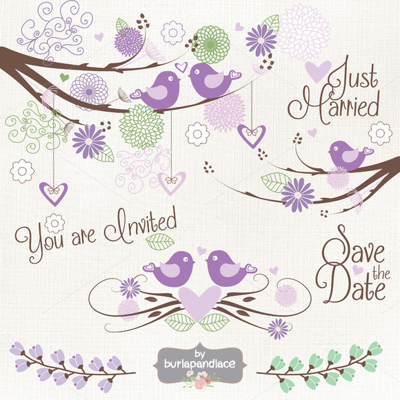 Purple Bird Wedding Clipart Vector   Illustrations On Creative Market
