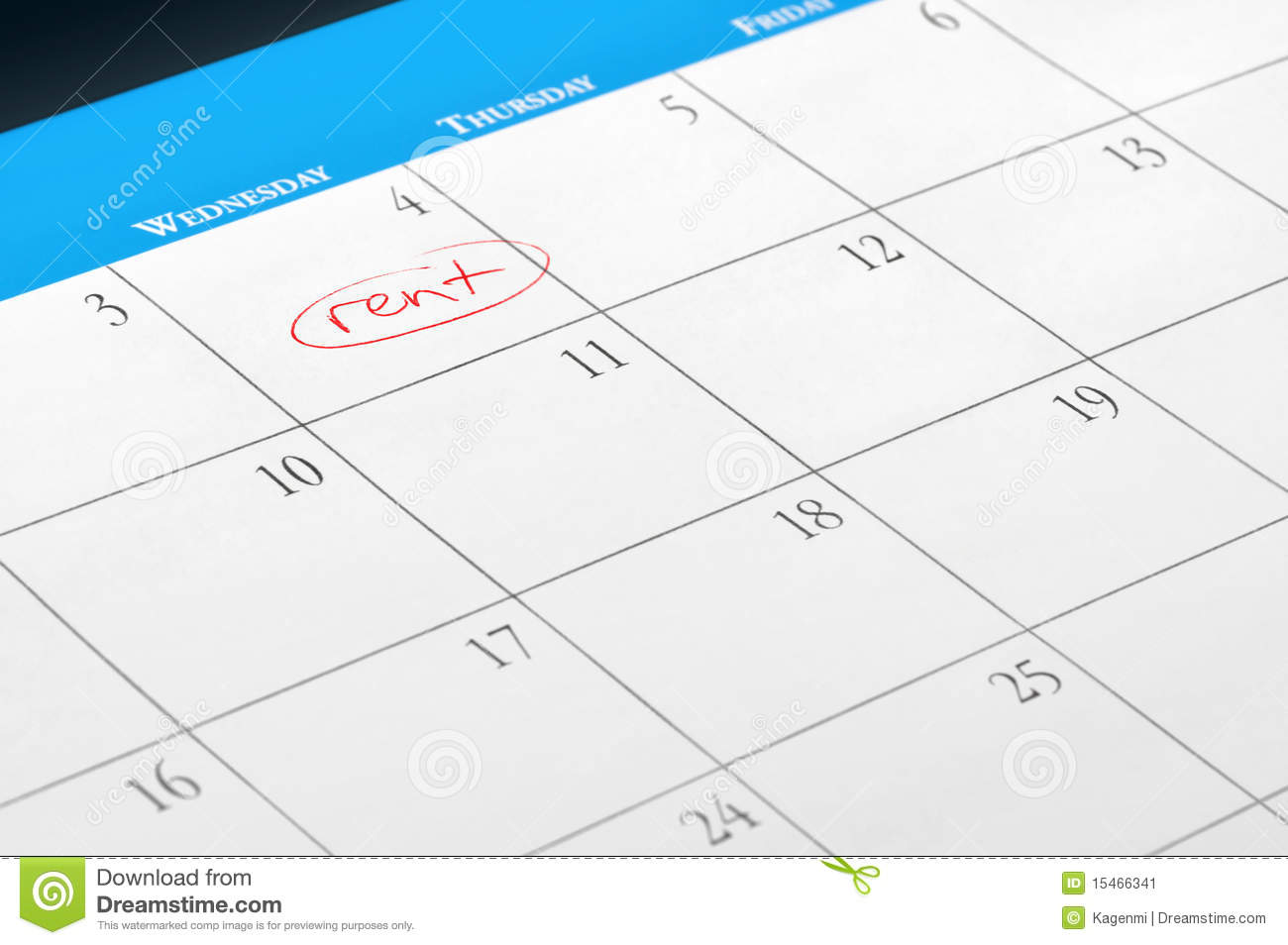 Rent Due Date On Calendar Page Stock Image   Image  15466341
