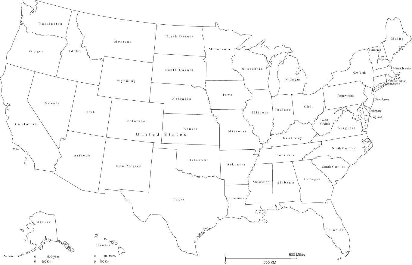United States Black   White Map With States And State Names