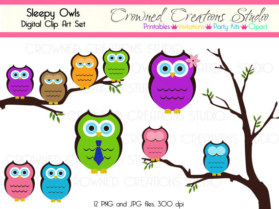 Owl Clip Art Set    Sleepy Owls  Digital Clip Art For Invitations
