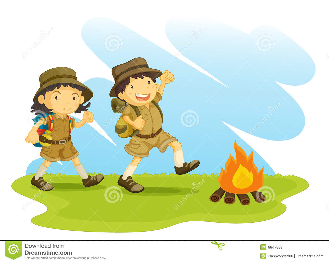 An Illustration Of Two Scouts Outside Next To A Camp Fire