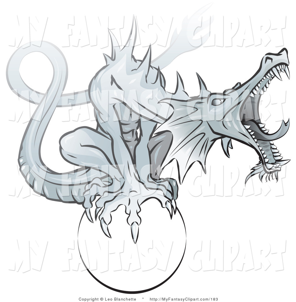 Larger Preview  Clip Art Of An Aggressive Roaring Grey Dragon Perching
