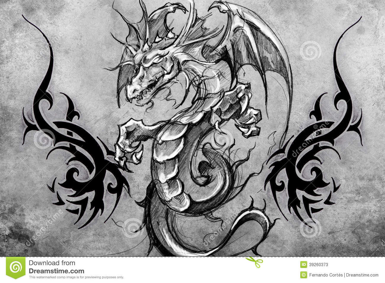 Medieval Dragon Tattoo Design Over Grey Background  Textured Bac Stock    