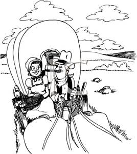 Pioneers Driving A Wagon Train   Royalty Free Clipart Picture