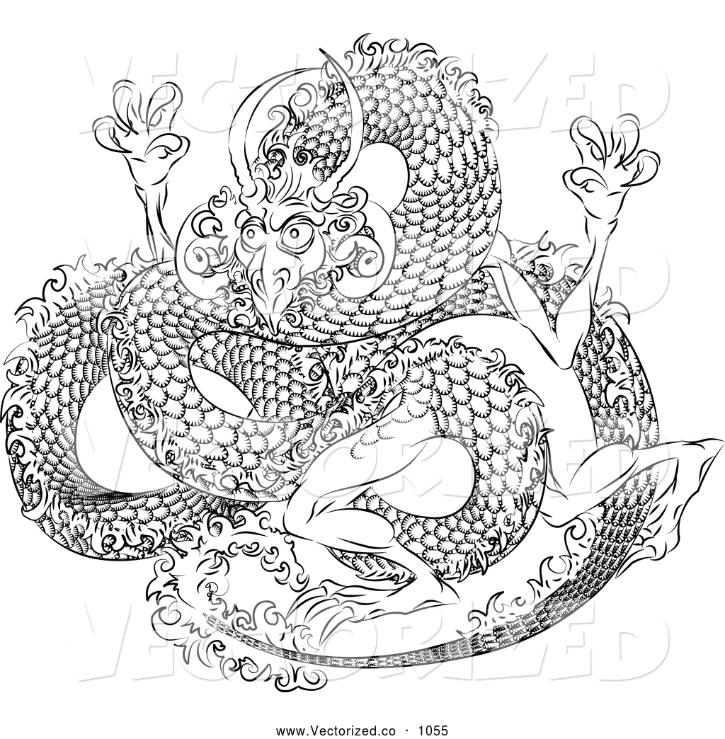 Royalty Free Clipart Of A Coloring Page Of A Japanese Dragon With