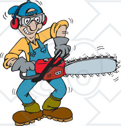 Clipart Illustration Of A Tree Trimmer Starting Up His Chainsaw