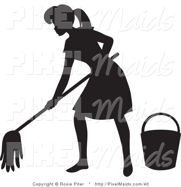 Clipart Of A Black Silhouetted Maid Woman With A Mop And Bucket