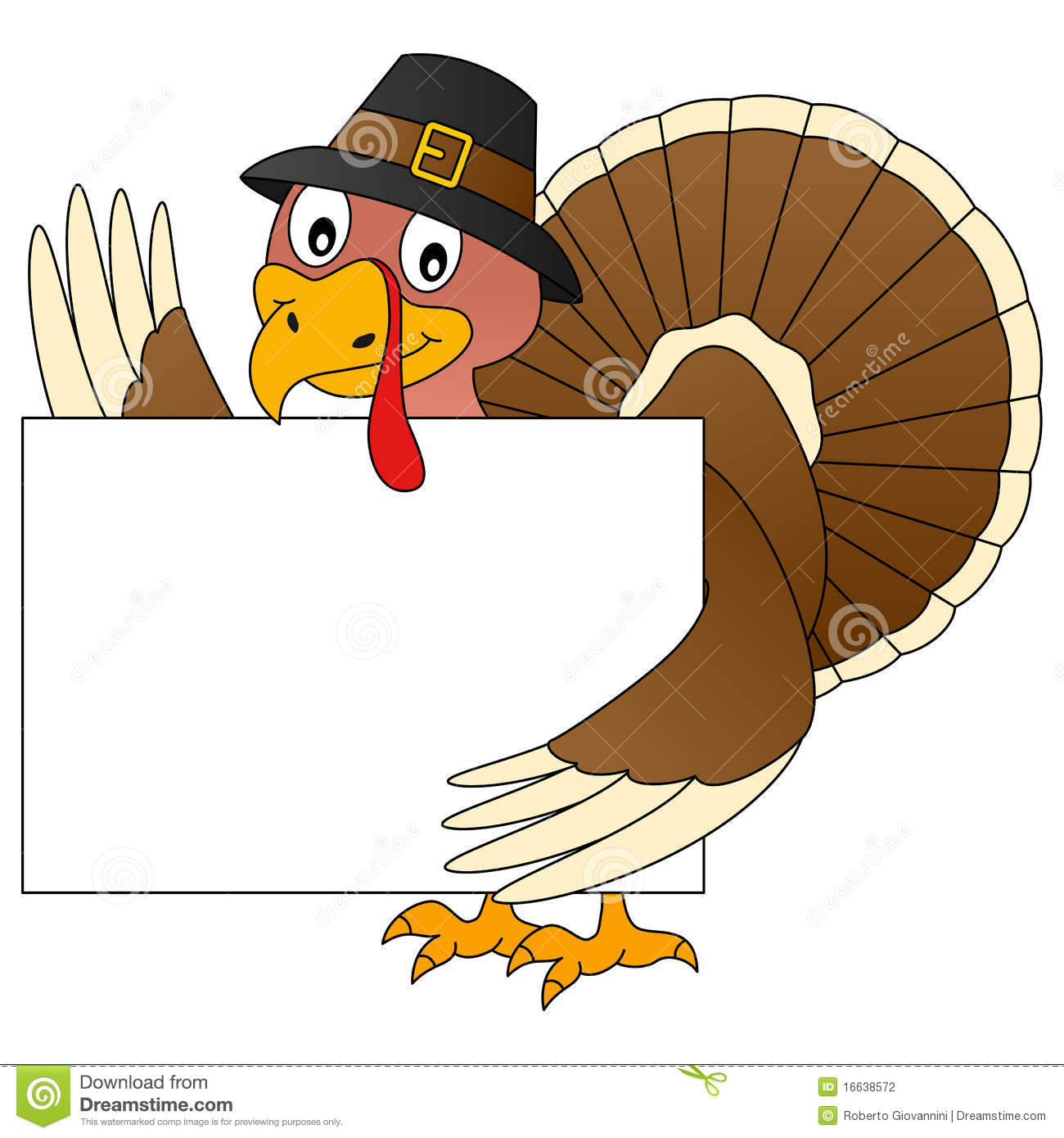 Funny Cartoon Thanksgiving Turkey Holding A Blank Banner Isolated    