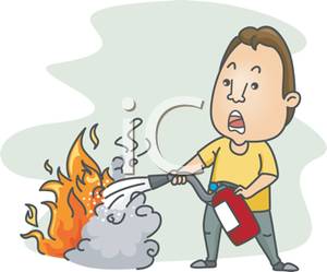 Man Putting Out A Fire With A Fire Extinguisher   Royalty Free Clipart