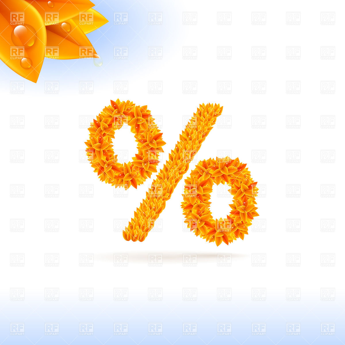 Natural Font Made Of Orange Leaves With Dew Drops   Percent Sign    