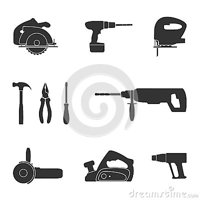 Set Of Black And White Silhouette Web Icons Of Tools Screwdriver Fret    