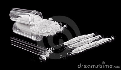 Three Lines Of Cocaine Beside A Straw Rolled Up Bill And Vial Of
