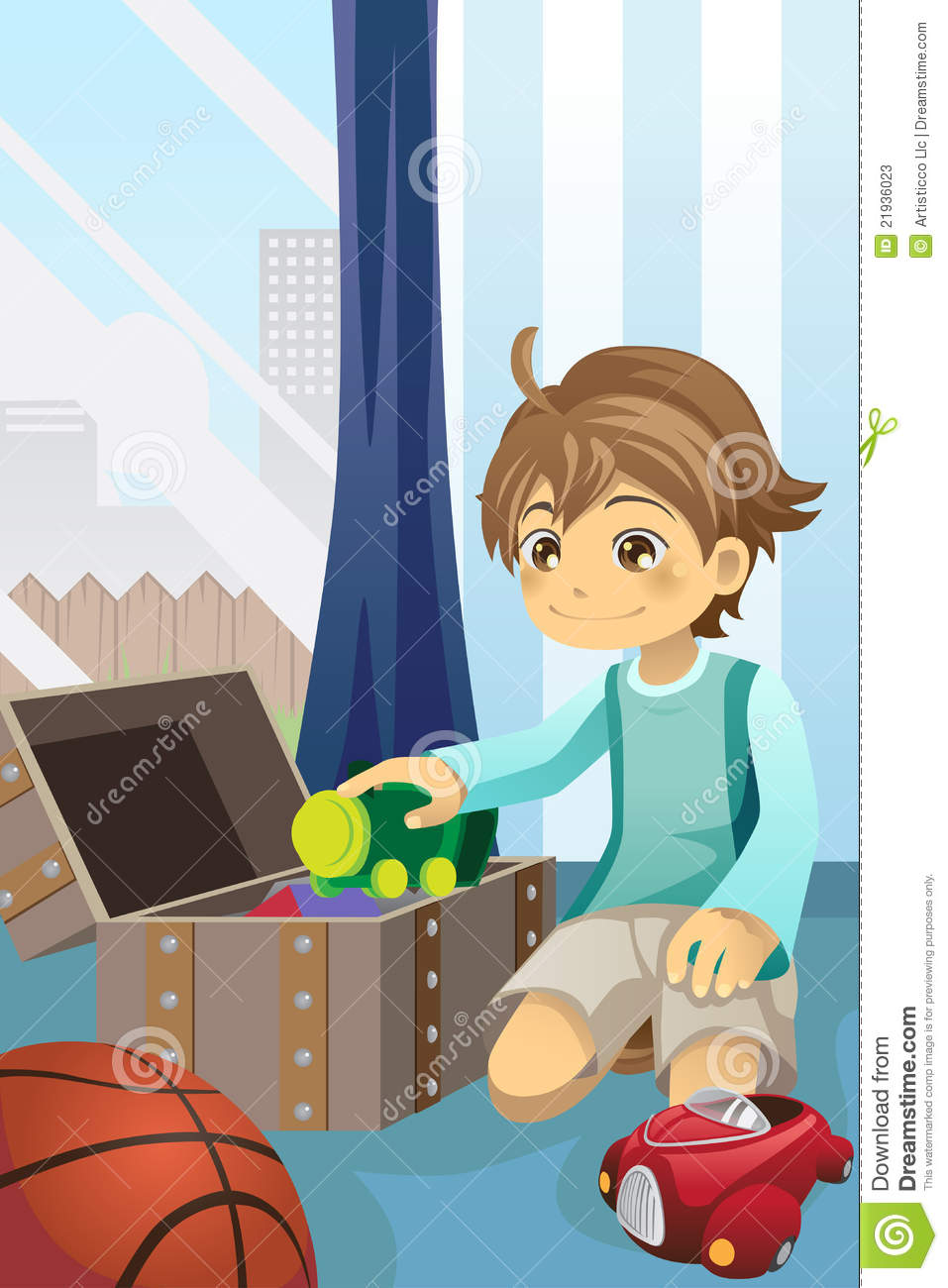 Vector Illustration Of A Boy Cleaning Up His Toys And Putting Them