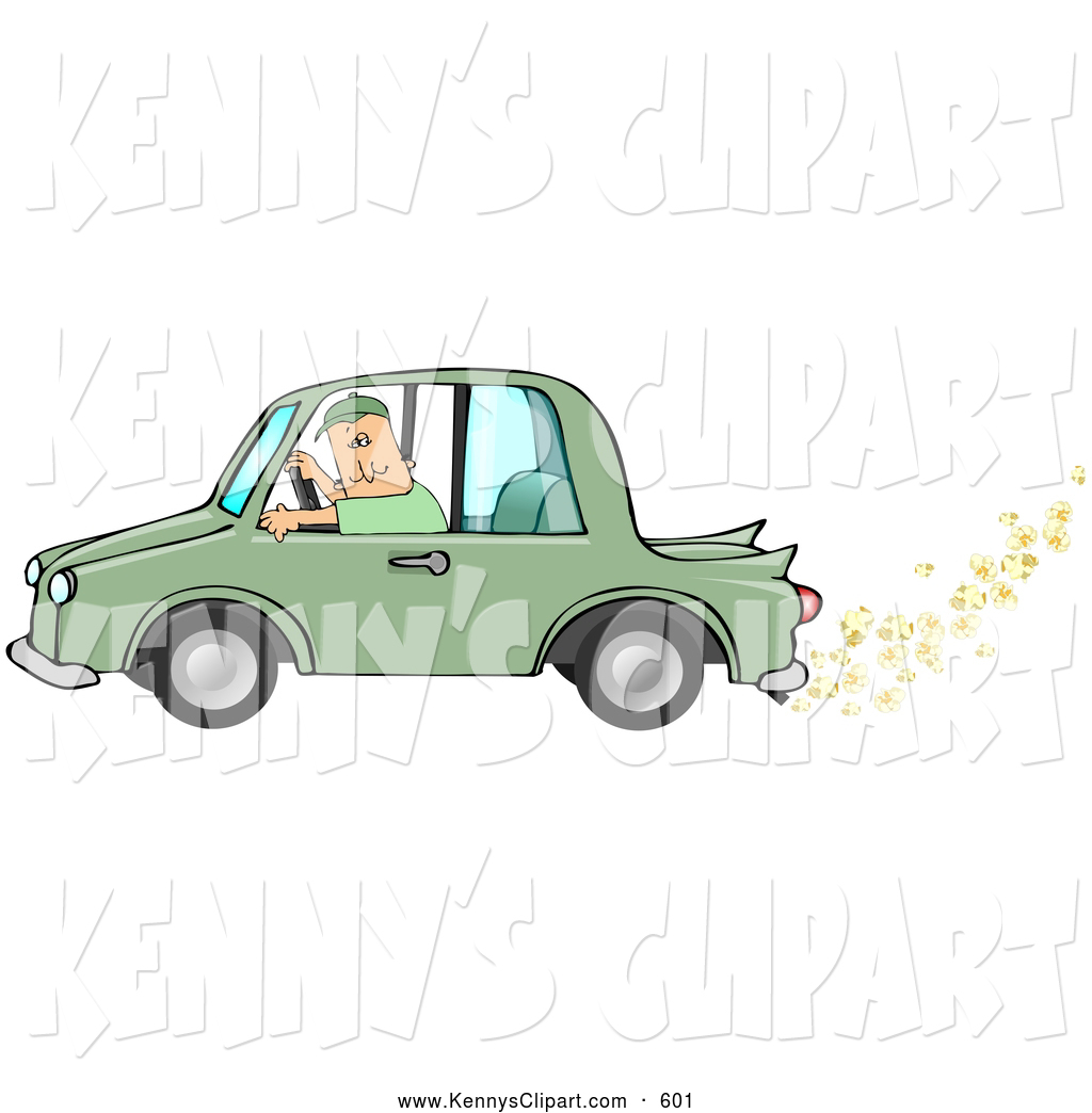 Clip Art Of A Average Caucasian Man Driving A Green Car With Popcorn