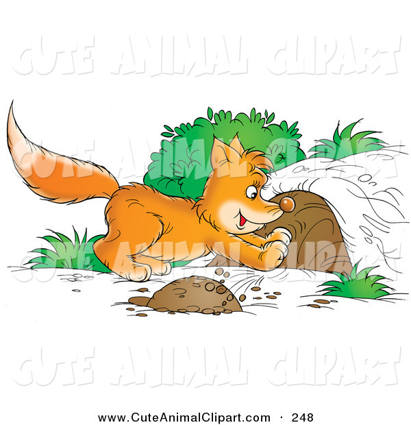 Clip Art Of A Ginger Fox Kit Digging A Den Out Of A Mound Of Dirt Or
