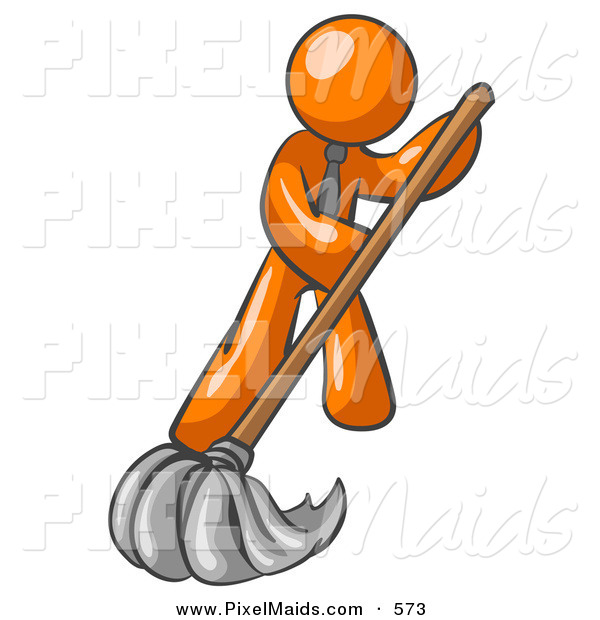 Clipart Of A Helping Orange Man Wearing A Tie Using A Mop While    