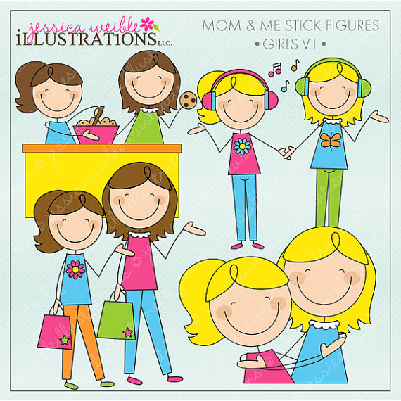 Mom And Me Stick Figures Girls V1 Cute Digital Clipart For Invitations