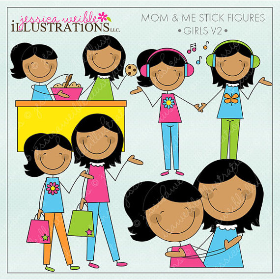 Mom And Me Stick Figures Girls V2 Cute Digital Clipart For Invitations