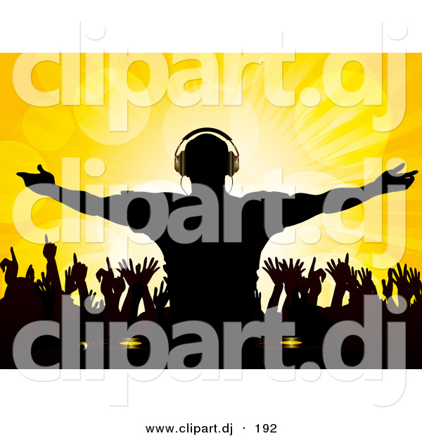 Vector Clipart Of A Silhouetted Male Dj At Party With Dancing People