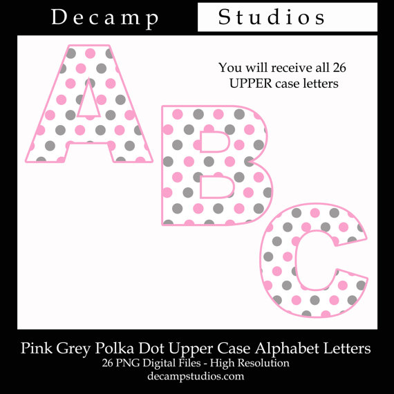 Alphabet Clipart Letters Pink Grey Gray Polka Dot Printable Clip Art